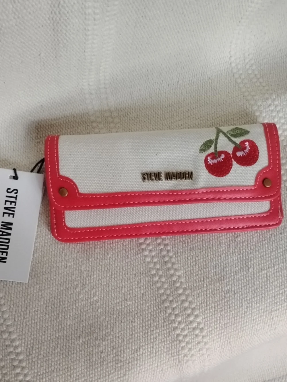 Steve Madden White Canvas Wallet with Pink Trim and Cherry Embroidery